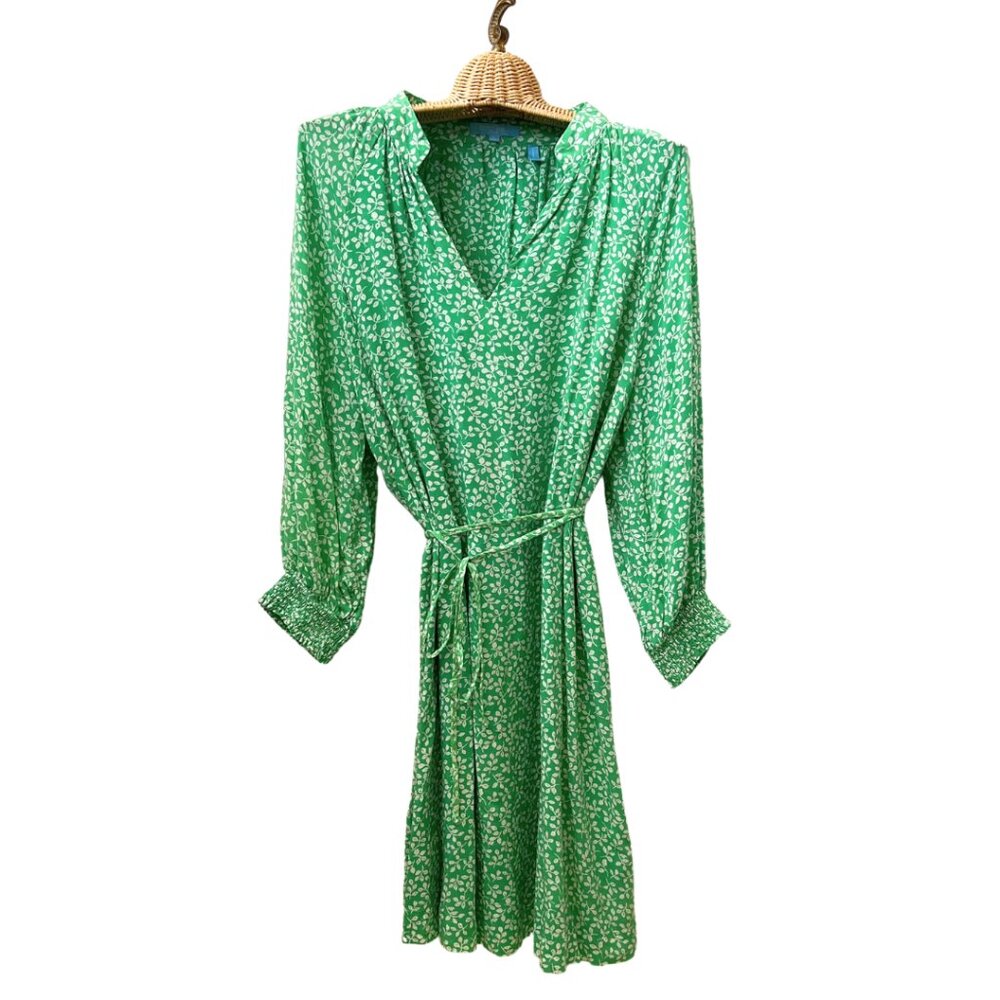 DRAPER JAMES Dress Floral Printed midi summer Belted Green/White SIZE L